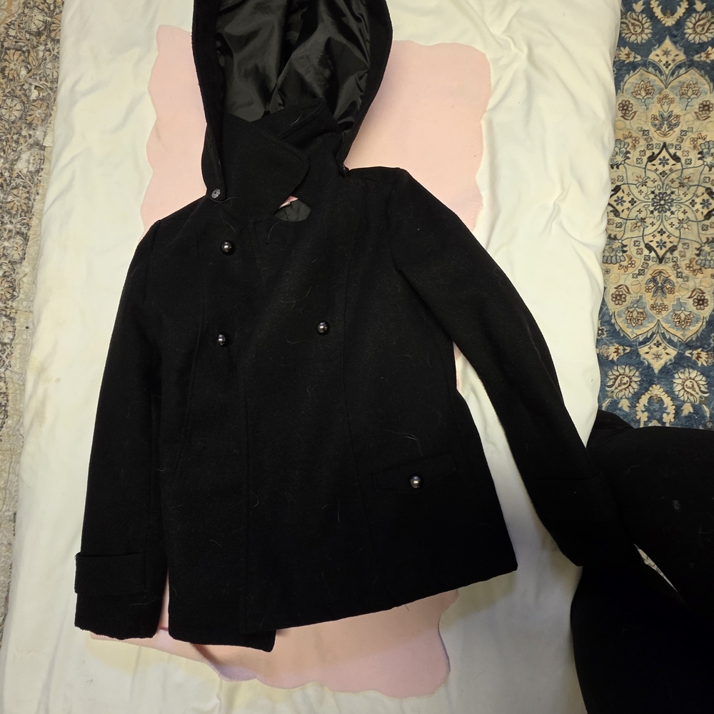 Kids Black Hooded Peacoat - Classic Double-Breasted Style